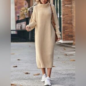 Simple by Suzanne Betro long sleeve tan ribbed turtleneck maxi sweater dress